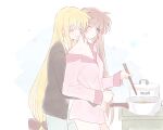  2girls black_ribbon blonde_hair blue_eyes breasts brown_hair cleavage closed_eyes collarbone cooking couple fate_testarossa frying_pan hair_ribbon happy highres hug hug_from_behind long_hair lyrical_nanoha mahou_shoujo_lyrical_nanoha multiple_girls one_eye_closed open_mouth ribbon shiyoi side_ponytail smile takamachi_nanoha very_long_hair yuri 