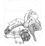 abs ammo_belt anthro bandai_namco belt claws denim digimon digimon_(species) duo fluffy fluffy_chest gargomon gun_arm hi_res long_ears maelys male monochrome ranged_weapon symbareangoramon toe_claws weapon