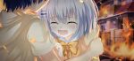  1boy 1girl aged_down blue_hair bow bowtie closed_eyes crying date_a_live date_a_live:_spirit_pledge fiery_background fire game_cg hair_ornament hairclip hood hoodie house itsuka_shido official_art open_mouth shirt short_hair short_sleeves tears third-party_source tobiichi_origami white_hair yellow_bow yellow_bowtie 