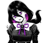  1girl @_@ artist_name black_dress black_hair breasts colored_inner_hair commentary dress earrings english_commentary ghost greyscale hair_between_eyes hex_maniac_(pokemon_legends:_z-a) highres jewelry large_breasts large_earrings long_hair looking_at_viewer lughost monochrome multicolored_hair neck_ribbon pokemon pokemon_legends:_z-a purple_eyes purple_hair purple_ribbon ribbon solo spot_color 