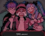 1girl 2boys amemiya_darumi black_choker black_hair black_haori blue_hair bow choker collar couch crying crying_with_eyes_open earrings eye_print eyepatch face_piercing facial_mark furukawa_(yomawari) grin hair_bow hand_on_another&#039;s_face haori hat heart heart_facial_mark highres holding_another&#039;s_arm indoors jacket japanese_clothes jewelry kimono labret_piercing long_hair looking_at_object makeup maruko_gaku multicolored_hair multiple_boys omokage_yugamu on_couch open_mouth piercing pink_eyes pointing pointing_at_object print_eyepatch red_collar runny_makeup shaded_face shirt short_hair small_pupils smile striped_clothes tears the_hundred_line_-last_defense_academy- trapped twintails twitter_username watching_television white_shirt wide-eyed 