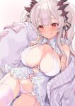  1girl 774_inc. :p absurdres babydoll bangs black_ribbon blush breasts cardigan cleavage garter_straps hair_ribbon highres honey_strap horns large_breasts long_hair long_sleeves multicolored_hair open_cardigan open_clothes panties pointy_ears puffy_long_sleeves puffy_sleeves red_eyes red_hair ribbon shirana_tamana sleeves_past_fingers sleeves_past_wrists solo streaked_hair suou_patra thighhighs tongue tongue_out underwear virtual_youtuber white_hair 