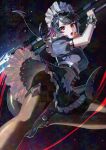  1girl black_dress black_hair black_pantyhose black_shoes candy colored_inner_hair commentary_request dress ellen_joe fins fish_tail food frilled_wristband hairband highres holding holding_candy holding_food holding_lollipop holding_weapon lollipop maid maid_headdress metal_hairband mole mole_under_eye multicolored_hair narahazime open_mouth pantyhose red_eyes shark_girl shark_tail shoes short_hair spiked_headband tail weapon zenless_zone_zero 