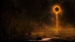  1boy armor dark_souls_(series) dark_souls_iii dsittaro eclipse fire highres kneeling monochrome planted planted_sword scenery solo soul_of_cinder sword weapon 