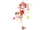  1girl ball blonde_hair blush flower_knight_girl hair_ornament hat hima_(flower_knight_girl) holding miniskirt official_art open_mouth shoes short_hair skirt tennis_ball yellow_eyes 