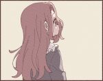  1girl black_border border brown_eyes brown_hair closed_mouth collared_shirt forehead frilled_shirt_collar frills from_behind grey_background grey_shirt hair_intakes highres long_hair long_sleeves looking_ahead namori original paper_texture shirt simple_background solo 