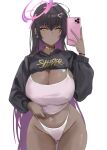  1girl absurdres ahoge alternate_costume aqua_nails ass_visible_through_thighs black_choker black_hair black_sweater blue_archive breasts camisole cellphone choker cleavage clothes_lift colored_inner_hair commentary covered_nipples cowboy_shot dark-skinned_female dark_skin ear_piercing earrings english_commentary hair_ornament halo heart heart_hair_ornament highres holding holding_phone hood hoodie jewelry karin_(blue_archive) large_breasts long_hair looking_at_phone miz_blank multicolored_hair navel_piercing panties phone piercing pink_camisole pink_panties purple_halo simple_background smartphone solo sweater sweater_lift underwear very_long_hair white_background wristband yellow_eyes 