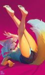 2025 4_toes abstract_background absurd_res anthro aruurara barefoot bed black_pawpads breasts butt canid canine choker claws countershade_feet countershade_hands countershading eyelashes feet female finger_claws fox fur furniture gesture green_eyes hair hand_gesture hi_res humanoid_feet inner_ear_fluff jewelry liina_(aruurara) looking_at_viewer lying mammal necklace on_back on_bed one_eye_obstructed orange_body orange_fur pawpads paws plantigrade signature soles solo tail toe_claws toes tuft v_sign