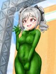  bodypaint colored_skin completely_nude green_skin grey_hair idolmaster idolmaster_cinderella_girls kanzaki_ranko nude puffy_nipples pussy smile twintails waving_arm yaneura_(yaneur) 