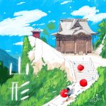  1other absurdres architecture artist_name backpack bag blue_jacket blue_sky box cherry cliff cloud commentary donation_box east_asian_architecture fish flying_fish food fruit gloves helmet highres holding holding_cherry holding_food holding_fruit jacket kazunoko_(kazunoko_zunoco) mountain original outdoors oversized_food oversized_object radio_antenna railing real_world_location shrine signature sky solo space_helmet stairs standing translated tree walking white_gloves yamagata_prefecture 