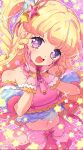  1girl :d bare_shoulders blonde_hair blush commentary cowboy_shot cropped_shirt curly_hair curly_sidelocks detached_sleeves dot_nose gloves hair_ornament hands_on_own_cheeks hands_on_own_face hands_up happy highres idol idol_clothes idol_time_pripara looking_at_viewer midriff navel no_pupils outline pink_gloves pink_shirt pink_skirt pretty_series pripara purple_eyes shirt short_sleeves skirt sleeveless sleeveless_shirt smile solo sparkle star_(symbol) star_hair_ornament star_in_eye straight_hair symbol-only_commentary symbol_in_eye twintails wanowanoji67 white_outline yumekawa_yui 