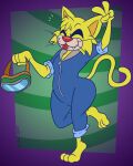 2024 anthro artist_name blonde_hair blue_clothing blue_coveralls butt clothing coveralls digital_media_(artwork) domestic_cat eyes_closed eyewear fangs felid feline felis fur gavanzude gesture goggles hair hand_gesture happy hi_res holding_goggles holding_object male mammal multicolored_body multicolored_clothing multicolored_fur nintendo pose raised_leg red_nose sharp_teeth smile solo spitz_(warioware) tail tan_body tan_fur teeth text three-quarter_view tongue tongue_out two_tone_body two_tone_clothing two_tone_fur v_sign warioware whiskers yellow_body yellow_ears yellow_fur yellow_tail zipper