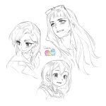 3girls artist_name asakusa_midori asymmetrical_bangs blush commentary crosshatching eizouken_ni_wa_te_wo_dasu_na! eyewear_on_head freckles goblet_42 hatching_(texture) highres kanamori_sayaka lineart long_hair mizusaki_tsubame multiple_girls school_uniform shibahama_high_school_uniform short_hair white_background 