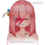  1girl absurdres album_cover_redraw bangs bimbombash bocchi_the_rock! closed_eyes copyright_name cosplay david_bowie david_bowie_(cosplay) derivative_work facepaint facing_viewer gotou_hitori hair_cubes hair_ornament highres pink_hair simple_background solo upper_body white_background 