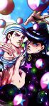  2boys absurdres anchor_ornament black_coat black_hair blue_eyes blue_hair blurry bubble coat collarbone depth_of_field diamond_wa_kudakenai dixie_cup_hat earrings gakuran green_lips hat higashikata_josuke higashikata_josuke_(jojolion) high_collar highres jewelry jojo_no_kimyou_na_bouken jojolion looking_at_viewer makeup male_focus military_hat multiple_boys noonvincent parted_lips peace_symbol pointing pointing_at_self pompadour purple_eyes sailor sailor_collar school_uniform shirt star_(symbol) star_print stud_earrings teeth white_hat white_sailor_collar white_shirt 