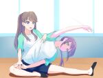  2girls aqua_sleeves assisted_stretching black_socks blue_shorts breasts brown_hair check_commentary commentary_request fujishima_megumi full_body green_eyes gym_shirt gym_shorts hair_intakes hasu_no_sora_gym_uniform indoors link!_like!_love_live! long_hair looking_at_another love_live! low_ponytail medium_breasts multiple_girls nekopan_(neko-blr) no-show_socks no_shoes official_alternate_hairstyle otomune_kozue outstretched_arm ponytail purple_eyes purple_hair shirt short_sleeves shorts socks stretching two_side_up virtual_youtuber white_shirt window 