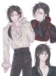  ascot black_hair black_shirt earrings ena33333333 hair_between_eyes highres jewelry kuroshitsuji long_hair looking_at_viewer male_focus ouji_fashion pale_skin pants ponytail red_eyes red_vest sebastian_michaelis shirt smile vest victorian white_shirt 