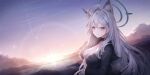  1girl absurdres ahoge animal_ear_fluff animal_ears black_choker black_dress blue_archive blue_eyes breasts choker cleavage closed_mouth commentary_request dawn dress extra_ears grey_hair hair_between_eyes halo highres large_breasts long_hair looking_at_viewer magaqq123 revision shiroko_(blue_archive) shiroko_terror_(blue_archive) sidelocks smile solo upper_body wolf_ears wolf_girl 