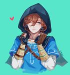  1boy ;) arm_guards black_capelet blue_tunic brown_gloves brown_hair capelet cosplay curtained_hair earrings fingerless_gloves glint gloves green_background grey_eyes hair_between_eyes hands_up heart highres hood hood_up jewelry kotobuki_reiji layered_sleeves light_blush link link_(cosplay) long_sleeves looking_at_viewer male_focus one_eye_closed shirt short_hair short_over_long_sleeves short_sleeves simple_background smile solo the_legend_of_zelda the_legend_of_zelda:_breath_of_the_wild tunic upper_body uta_no_prince-sama white_shirt xue_ezi 
