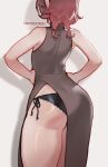  1girl absurdres artist_name ass bare_arms bare_shoulders black_panties braid brown_hair commentary dress ear_piercing ebi_(idamaria) english_commentary facing_away from_behind grey_background hands_on_own_hips highres idamaria lace-trimmed_panties lace_trim medium_hair original panties piercing shiny_skin short_braid side-tie_panties side_slit simple_background sleeveless sleeveless_dress solo thighs twin_braids underwear 
