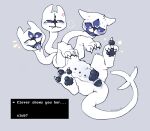 2025 3_heads angry animal_genitalia animal_vulva anus belly_nipples black_anus black_nipples black_pawpads black_vulva bodily_fluids butt canine_genitalia canine_vulva claws clover_(deltarune) cross-popping_vein darkner deltarune digital_media_(artwork) english_text fangs felid feline female female_feral feral fur genitals happy hi_res long_neck looking_at_viewer lying mammal multi_head nervous nipples on_back one_eye_closed open_mouth pawpads plump_labia presenting presenting_hindquarters puffy_anus quadruped seductive shugowah solo sweat teeth text toe_claws tongue tongue_out undertale_(series) vulva white_body white_fur wink winking_at_viewer