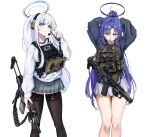 2girls adjusting_hair alternate_costume alternate_hairstyle ammunition_pouch arms_up as_val assault_rifle black_halo black_sweater black_thighhighs blue_archive bulletproof_vest closed_mouth clov3r commentary_request cowboy_shot earpiece eotech feet_out_of_frame grey_skirt gun gun_sling hair_between_eyes halo highres holding holding_weapon korean_commentary legs_together load_bearing_vest long_hair long_sleeves looking_at_viewer magazine_(weapon) mechanical_halo millennium_science_school_logo miniskirt mouth_hold multiple_girls noa_(blue_archive) pleated_skirt ponytail pouch puffy_long_sleeves puffy_sleeves purple_eyes purple_hair ribbon ribbon_in_mouth rifle shirt simple_background skirt smile standing suppressor sweater thighhighs tying_hair very_long_hair weapon white_background white_hair white_halo white_shirt yuuka_(blue_archive) 