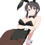 1girl 64vii absurdres alternate_costume animal_ear_hairband animal_ears azumanga_daioh bare_shoulders black_eyes black_hair black_leotard blush bow bowtie breasts closed_mouth commentary detached_collar fake_animal_ears hairband highres kurosawa_minamo leotard looking_at_viewer medium_breasts nervous_sweating pantyhose playboy_bunny rabbit_ear_hairband rabbit_ears rabbit_tail solo strapless strapless_leotard sweat tail traditional_bowtie white_background white_wrist_cuffs wrist_cuffs 
