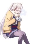  1girl absurdres ahoge argyle_clothes argyle_sweater black-framed_eyewear black_skirt blonde_hair blue_archive blue_sweater brown_scarf brown_sweater closed_eyes commentary_request cup english_commentary feet_out_of_frame glasses grey_pantyhose grin hands_up highres holding holding_cup jacket korean_commentary kotama_(blue_archive) kotama_(camp)_(blue_archive) long_hair long_sleeves miniskirt mixed-language_commentary multicolored_sweater official_alternate_costume open_clothes open_jacket pantyhose pleated_skirt ponytail scarf semi-rimless_eyewear simple_background sitting skirt smile solo steam sweater transparent_background under-rim_eyewear user_jrze3353 very_long_hair yellow_jacket 