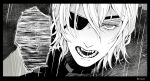  1boy black_border border close-up commentary_request dimitri_alexandre_blaiddyd dimitri_alexandre_blaiddyd_(timeskip) eyepatch fangs fire_emblem fire_emblem:_three_houses g1ngam1 greyscale hair_between_eyes looking_ahead male_focus monochrome one_eye_covered open_mouth parted_bangs sanpaku solo speech_bubble teeth 
