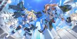  2girls ammo21204760 black_gloves blonde_hair blue_eyes blue_jacket blue_skirt blue_sky bodysuit breasts brown_hair building cloud collared_shirt day dual_wielding explosion firing floating_hair flying gloves gun hair_intakes hibiki_(starward) highres holding holding_gun holding_weapon jacket kaze_(starward) long_hair looking_at_viewer mecha_musume mechanical_legs medium_breasts midair missile_pod multiple_girls neck_ribbon open_mouth pleated_skirt ribbon rifle school_uniform science_fiction shirt skirt sky starward submachine_gun thighhighs thrusters v-shaped_eyebrows weapon white_shirt 