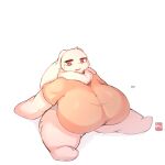 1:1 anthro beverage_can big_breasts breasts clothing female fur hi_res huge_breasts lagomorph leporid lightmizano mammal ocd_(lightmizano) rabbit red_eyes shirt simple_background sitting solo tired_eyes topwear white_background white_body white_fur