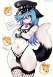 anthro belly black_body black_fur black_nose blue_hair bulge canid canine canis clothed clothing collar crossed_arms english_text eyebrows eyelashes femboy fish fishnet_clothing fishnet_legwear fluffy fluffy_tail fox fur hair handwear hat headgear headwear hi_res inner_ear_fluff leather legwear long_hair male mammal marble_fox marine meme military_cap moisha_(tweenstrip) navel panties piercing red_fox russian_text shirt smile solo spikes symbol tail text thigh_highs topwear true_fox tuft tweenstrip underwear white_body white_fur
