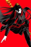  1boy black_hair black_hanfu chinese_clothes commentary_request curtained_hair feet_out_of_frame full_body hair_ornament hanfu high_ponytail highres holding holding_behind_back holding_staff holding_weapon_behind_back jia_qiu_(project_moon) limbus_company limited_palette line_of_action long_hair male_focus outstretched_arm ponytail project_moon really_mr_pome red_background red_scarf red_trim rope_belt scar scar_on_face scarf solo staff very_long_hair walking 