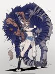  2girls animal_hands blue_fur blue_hair body_fur brown_fur brown_hair carrying carrying_person centauroid crop_top dark-skinned_female dark_skin denim denim_shorts dragon_girl extra_arms extra_ears full_body fur-tipped_tail furry furry_female gradient_background grey_background highres long_hair looking_at_viewer monster_girl monsterification multiple_girls neck_fur original pink_eyes red_eyes scar scars_all_over short_hair short_shorts shorts simple_background standing tail tammypanthera taur tiger_girl 