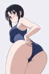  1girl 64vii adjusting_clothes adjusting_swimsuit ass azumanga_daioh black_eyes black_hair blush breasts closed_mouth commentary from_below highres kurosawa_minamo looking_at_viewer medium_breasts nervous_sweating official_alternate_costume one-piece_swimsuit short_hair simple_background solo sweat swimsuit thick_thighs thighs 
