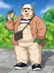 anthro belly bucket_hat canid canine canis clothing domestic_dog eyebrows fur gesture green_body green_fur hat headgear headwear hi_res lifewonders live_a_hero male mammal messenger_bag mokdai overalls overweight pawpads solo thick_eyebrows waving waving_at_viewer yaki_atsuage