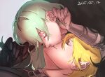  1boy 1girl armor black_armor blonde_hair breastplate closed_eyes closed_mouth dated dimitri_alexandre_blaiddyd dimitri_alexandre_blaiddyd_(timeskip) female_byleth_(enlightened)_(fire_emblem) female_byleth_(fire_emblem) fire_emblem fire_emblem:_three_houses green_hair hand_in_another&#039;s_hair hetero kiss lying on_back rimo67200894 smile tucking_hair white_background 