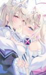  2girls animal_ears asymmetrical_docking black_choker black_jacket blonde_hair blue_eyes blue_gemstone blue_nails breast_press breasts chestnut_mouth choker cropped_shirt dog_ears double-parted_bangs fur-trimmed_jacket fur_trim fuwawa_abyssgard fuwawa_abyssgard_(1st_costume) gem hair_ornament hairclip headphones headphones_around_neck highres hololive hololive_english horn_hairband jacket kiriii light_blush long_hair looking_at_viewer medium_breasts mococo_abyssgard mococo_abyssgard_(1st_costume) multicolored_hair multiple_girls pink_eyes shirt short_hair sidelocks single_bare_shoulder streaked_hair virtual_youtuber white_shirt 