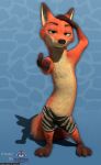 3_toes 3d_(artwork) 4_fingers absurd_res anthro barefoot black_nose blender_(artwork) blue_background bottomwear canid canine clothing countershading digital_media_(artwork) disney english_text feet fingers fluffy fluffy_tail fox front_view fur gloves_(marking) green_eyes hand_on_head hi_res inviting looking_at_viewer male mammal markings mouth_closed nick_wilde on_model orange_body orange_fur rasterraccoon red_fox shirtless short_legs shorts simple_background solo standing tail text toes true_fox underbelly watermark zootopia
