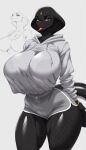 anthro athletic athletic_anthro big_breasts black_body bodily_fluids breasts clothed clothing detailed digital_media_(artwork) dolphin_shorts fan_character female hi_res hoodie huge_breasts looking_at_viewer mature_female oversized_clothing oversized_shirt oversized_topwear portrait reptile saliva saliva_string scales scalie shirt simple_background smokeye solo tail thick_thighs three-quarter_portrait tongue tongue_out topwear wide_hips