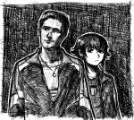  1boy 1girl black_hair black_jacket caricature christopher_moltisanti flag_print gangster girls_und_panzer greyscale italian_flag italian_flag_print jacket jersey jewelry limestone_(artist) looking_at_viewer mafia monochrome necklace pepperoni_(girls_und_panzer) the_sopranos track_suit 