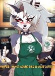 2025 5_fingers absurd_res anthro apron apron_only black_clothing black_gloves black_handwear brand_parody breasts canid canid_demon canine clothing collar demon dialogue digital_drawing_(artwork) digital_media_(artwork) english_text eyelashes female fingerless_gloves fingers fluffy fluffy_tail fur glistening glistening_body glistening_fur gloves green_apron green_clothing grey_body grey_fur grey_hair hair handwear hellhound helluva_boss hi_res i_mean_breast_milk long_hair long_tail looking_at_viewer loona_(helluva_boss) mammal marker meme multicolored_body multicolored_fur mythological_canine mythological_creature mythology red_sclera sebasdono solo spiked_collar spikes starbucks tail talking_to_viewer text two_tone_body two_tone_fur white_body white_eyes white_fur