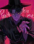  1boy arm_markings black_hair black_hanbok black_hat black_nails doido7o english_commentary facial_mark fangs fingernails gatkkeun hanbok hat highres jinu_(kpop_demon_hunters) korean_clothes kpop_demon_hunters long_fingernails long_sleeves looking_at_viewer male_focus offering_hand open_mouth pink_background sharp_fingernails short_hair slit_pupils smile solo torii upper_body yellow_eyes 