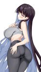  1girl :/ absurdres ass bare_arms bare_shoulders black_hair black_pants blue_hair breasts cameltoe closed_mouth colored_inner_hair covered_nipples cowboy_shot eyelashes from_behind grey_sports_bra hand_on_own_ass hand_on_own_chest hand_up highres horegi huge_breasts huge_nipples light_blush long_hair looking_at_viewer looking_back midriff multicolored_hair original panties_visible_through_clothes pants red_eyes simple_background solo sports_bra tight_clothes tight_pants twisted_torso two-tone_hair very_long_hair white_background yoga_pants 