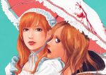  2girls bags_under_eyes black_eyes blood blood_splatter blue_background check_copyright closed_mouth commentary_request copyright_request dress hairband head_on_another&#039;s_shoulder heart heart_in_eye highres hood hood_down lolita_fashion lolita_hairband long_hair looking_at_viewer looking_to_the_side multiple_girls orange_hair portrait red_lips ryuugasaki_momoko shimotsuma_monogatari shirayuri_ichigo simple_background symbol_in_eye white_dress wymaaa 