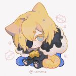  1boy animal_ears animal_hands black_fur blue_cape blue_eyes blush cape cat_boy cat_ears cat_paws cat_tail cheese chibi closed_mouth colored_eyelashes commentary dimitri_alexandre_blaiddyd dimitri_alexandre_blaiddyd_(timeskip) dot_mouth english_commentary eyepatch fire_emblem fire_emblem:_three_houses food full_body fur_trim hair_between_eyes highres holding holding_food kemonomimi_mode male_focus one_eye_covered parted_bangs paw_print remitoffee simple_background sitting solo sparkle tail white_background white_fur 