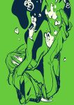  1boy air_bubble breasts bubble falling full_body green_hair green_necktie green_suit green_theme green_water legs_up lobotomy_corporation medium_breasts medu_(rubish) monochrome necktie netzach_(project_moon) outstretched_arm partially_colored project_moon reaching sinking solo suit water 