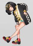  1girl black_hair blue_eyes blush cosplay eyewear_on_head fua1heyvot4ifsr green_shorts guzma_(pokemon) guzma_(pokemon)_(cosplay) highres jacket jewelry looking_at_viewer necklace one_eye_closed pokemon pokemon_sm selene_(pokemon) shirt short_hair short_sleeves shorts smile sunglasses t-shirt team_skull team_skull_uniform tied_shirt tongue tongue_out watch wristwatch yellow-framed_eyewear yellow_shirt 