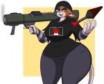  2025 anthro armwear big_breasts black_body black_fur bottomwear breasts calico_cat clothed clothed_anthro clothed_female clothing dewwydarts domestic_cat epic_games felid feline felis female fortnite fur gun gun_smoke huge_breasts humanoid looking_at_viewer mammal meow_skulls multicolored_body multicolored_fur orange_body orange_fur pants pattern_armwear pattern_clothing ranged_weapon rocket rocket_launcher shirt smoke solo striped_armwear striped_clothing stripes t-shirt thick_thighs topwear weapon white_body white_fur wide_hips 