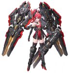  1girl absurdres armored_boots bare_shoulders black_gloves black_thighhighs blue_eyes boots breasts chimera_(ming_he_haizhe) closed_mouth dress elbow_gloves full_body gloves hair_between_eyes headgear high_heels highres holding holding_weapon huge_weapon long_hair looking_at_viewer mecha_musume mechanical_legs mechanical_wings original ponytail red_hair sleeveless sleeveless_dress small_breasts solo standing sword tachi-e thighhighs transparent_background weapon white_background wings 